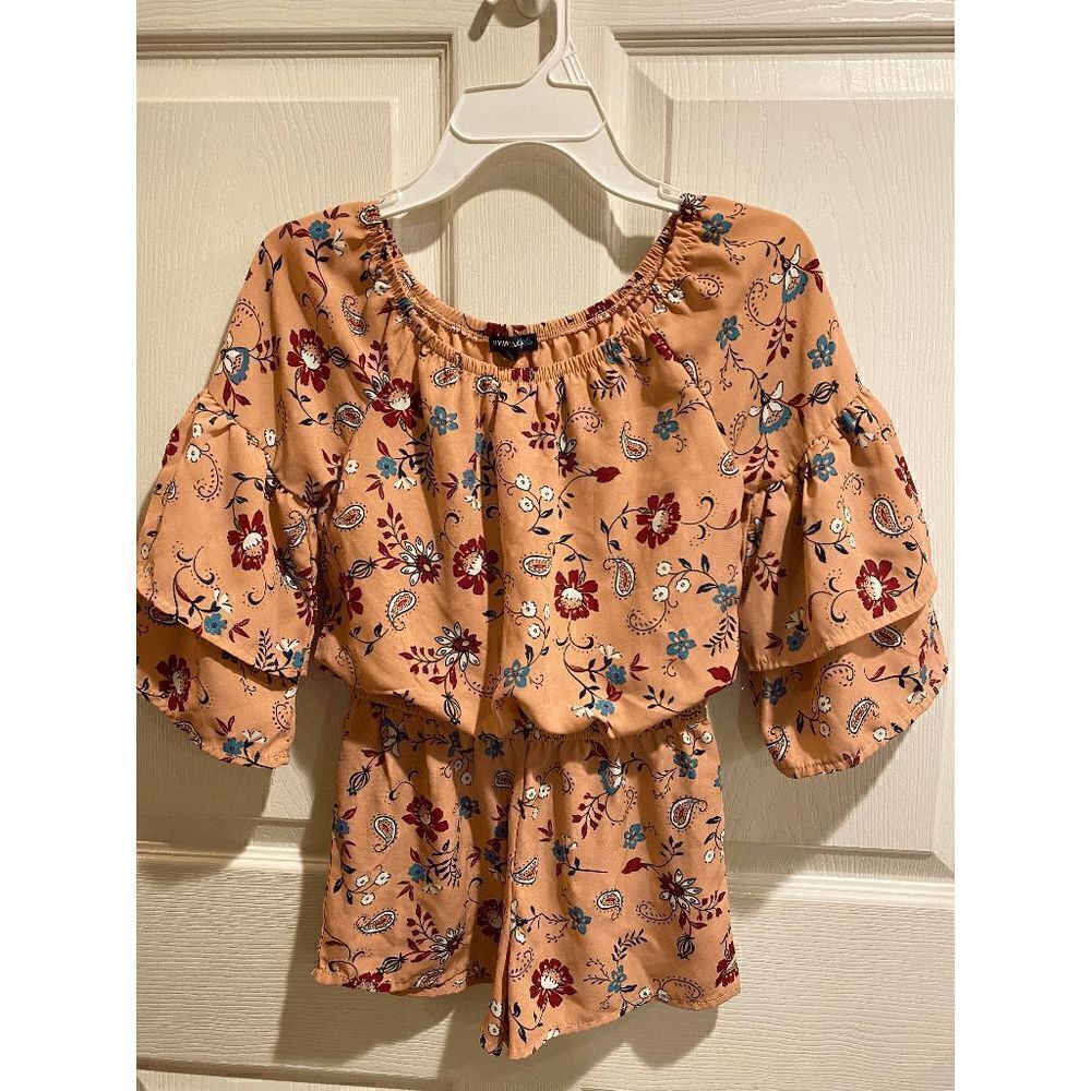 My Michelle Girls Off Shoulder Romper Orange Floral Belle Sleeve Size Small